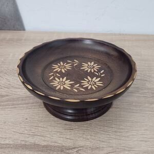 Vintage Swiss Musical REUGE Wood Carved Floral Dish Pedestal Stand Plate Round